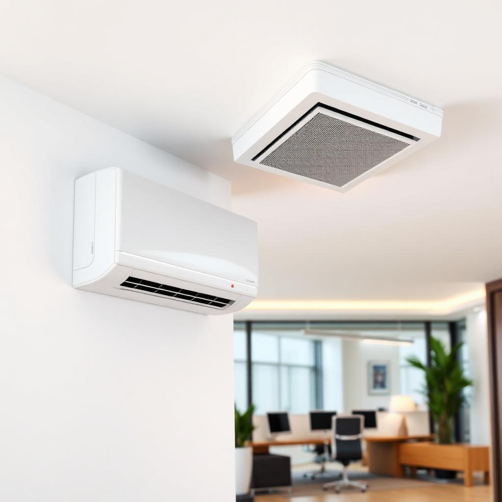 Climatiseur split et cassette plafonnière dans un bureau